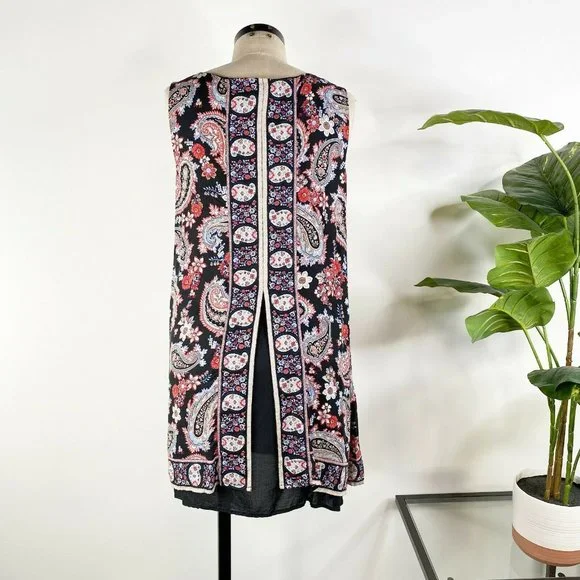 J Jill Paisley Overlay Layered Tunic Tank Top Medium Black Split Back Sleeveless - Picture 6 of 11